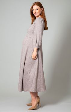 Be the classiest mama in town with our Vivian maternity and nursing dress. Created in a sumptuous ribbed knit jersey with a hint of sparkle, this midi-length nursing style has all the flare you need for effortless glamour in every way. Featuring concealed side pockets in the skirt and relaxed wrist-length sleeves. Simply lift the front panel for discreet access to nursing pockets. This dress is for keeps whatever the event. Light chocolate brown ribbed knit maternity and nursing midi dress Soft Maternity Occasion Dress, Nursing Style, Maternity Wedding Dresses, Pregnancy Dresses, Nursing Gown, 5 Months Pregnant, Dress Sparkle, Tiffany Rose, Maternity Wedding