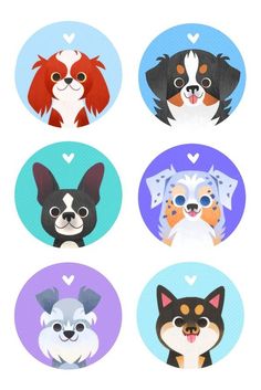 four stickers with dogs on them in different shapes and sizes, including one dog's face