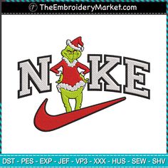 the grinch is wearing santa's hat and standing on a red nike shoe