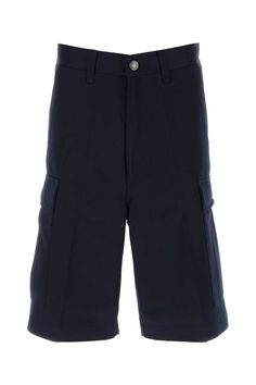 Midnight Blue Cotton Bermuda Shorts from Ami Alexandre Mattiussi Navy Cargo Bottoms For Workwear, Navy Trousers With Side Pockets, Navy Bottoms With Pockets, Navy Bottoms With Side Pockets, Blue Short Leg Pants With Pockets, Blue Pants With Pockets And Short Legs, Navy Cotton Bermuda Bottoms, Blue Bermuda Workwear Bottoms, Blue Bermuda Bottoms For Workwear