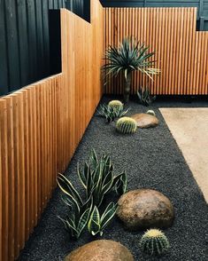 an outdoor area with rocks, plants and wood slats on the side of it