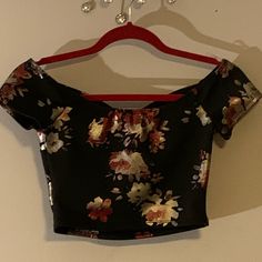 Floral Off-Shoulder Crop Top ~Polyester With Breast Padding, Good Quality Material ~New Without Tags, Never Worn Nor Washed Cropped Floral Print Party Tops, Casual Evening Crop Top, Floral Print Crop Top For Party, Off-shoulder Floral Print Party Tops, Black Floral Print Crop Top For Party, Off Shoulder Crop Top, Shoulder Crop Top, Charlotte Russe, Good Quality