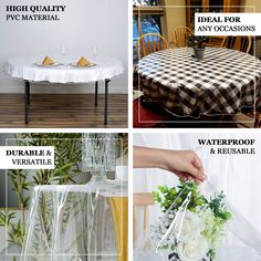 four pictures showing different types of tablecloths and chairs, including one with flowers on it