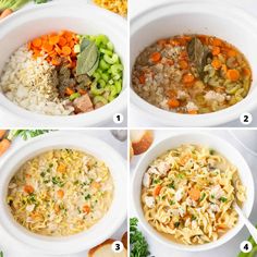 four pictures showing the steps to make chicken noodle soup