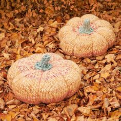 two knitted pumpkins sitting on top of leaves in the ground with autumn colors