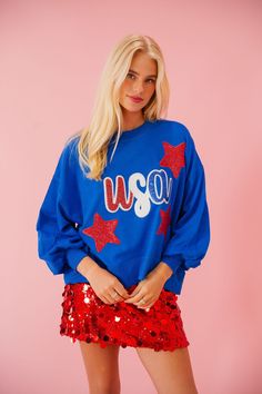 USA PATCH ROYAL PULLOVER pullover Judith March Casual Crew Neck Sweater With Sequins, Red Patriotic Top For Fall, Oversized Crew Neck Tops For 4th Of July, Patriotic Blue Tops For Fall, Star Patches, Sequin Patch, Cropped Pullover, Sequin Jacket, Red Sequin