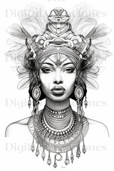 a black and white drawing of a woman wearing an elaborate headdress