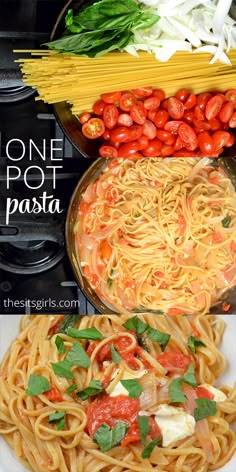 some pasta with tomatoes and other vegetables on the side