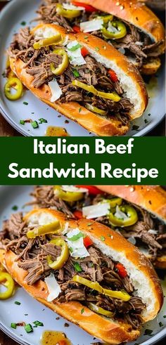 two plates with sandwiches on them and the words italian beef sandwich recipe in green letters