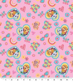 a pink background with hearts and paw patrol characters on the bottom, in different colors