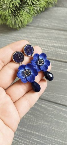 Blue Flower Charm Drop Earrings, Blue 3d Flower Drop Earrings, Elegant Blue Drop Earrings With Flower Charm, Blue Drop Earrings With Flower Charm, Elegant Blue Jewelry With 3d Flowers, Mouldit Clay, Royal Blue Jewelry, Dark Blue Earrings, Ear Ring