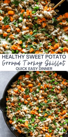 healthy sweet potato and ground turkey skillet is shown in two different pans, one with