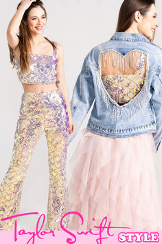 Shop our magical styles inspired by Taylor Swift! Find your ERAS Tour outfit from us! We've got mermaid inspired sequin crop top + bell bottom set in rose gold! And, we've got a heart cutout rhinestone fringe denim jacket! AND, an adorable Paris / New York street style inspired cascading tulle maxi skirt in blush pink! Taylor Swift meets GLAMOR! Lover Jean Jacket Taylor Swift, Festival Multicolor Denim Jacket, Pink Taylor Swift, Pink Fringe Cowgirl Jacket, Pink Denim Jacket Custom, Campaign Board, Fringe Denim Jacket, Unicorn Denim Jacket, Eras Tour Outfit