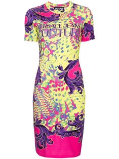 fluorescent yellow/multicolour cotton blend stretch-jersey all-over graphic print logo print to the front crew neck short sleeves bodycon design straight hem mid-length Bodycon Design, Fluorescent Yellow, Yellow Midi Dress, Versace Outfit, Versace Jeans Couture, Versace Jeans, Printed Midi Dress, Print Logo, Yellow Dress