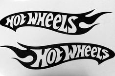 two black and white stickers with the words hot wheels written in flame on them