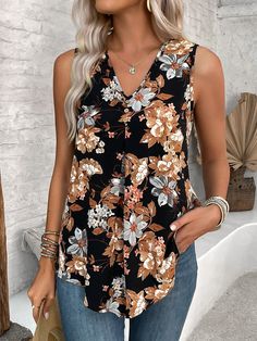 Women's Floral Printed V-Neck Sleeveless Summer Blouse Black Boho  Sleeveless Woven Fabric Floral,Plants,All Over Print Top Slight Stretch  Women Clothing, size features are:Bust: ,Length: ,Sleeve Length: Boho Plants, Boho Plus Size, Black Boho, Summer Blouse, Summer Blouses, Affordable Clothes, Print Top, Floral Printed, Black Blouse