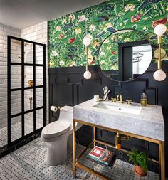 East Village Apartment by CM Natural Designs « HomeAdore Eclectic Bathroom Design, Colorful Bathrooms, Eclectic Contemporary, White Bathroom Designs, Eclectic Bathroom, Eclectic Interior Design, Bold Wallpaper, Basement Bathroom