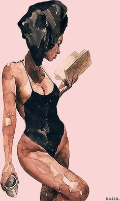 a watercolor painting of a woman in a bathing suit reading a book and holding a teapot