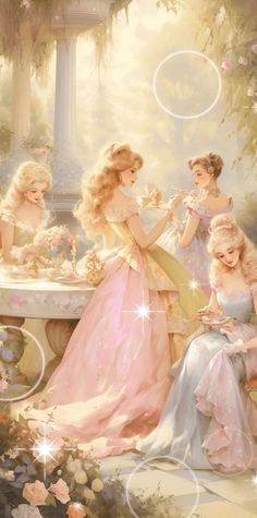 three beautiful women sitting at a table in front of a fountain with flowers on it