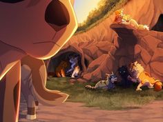 the lion king and his friends are sitting in front of a cave with their backs to each other