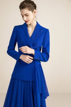 Royal Blue V-neck With Pleated Skirt Blazer Skirt Suits Peak lapels; front button blazer V-Neck, Long sleeves; button cuffs. Structured shoulders. Chest welt pockets. Pleated Skirt V-Neck, Long sleeves; buttons Structured shoulders. Chest welt pockets. Hip flap pockets Polyester 100% Imported Brand - Aision Model Number - 213149C1+S2 Dresses Business, Pleated Blazer, Plaid Bodycon Dress, Peplum Blazer, Skirt Suits, Dresses Classy, Elegant Dresses Classy, Coat Style, Blazer And Skirt