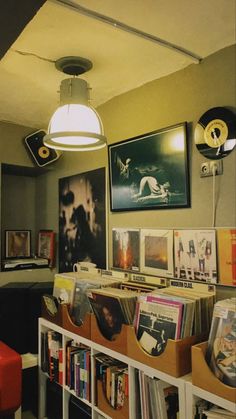 a room filled with lots of books and records