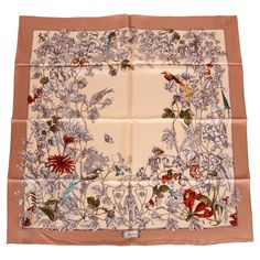 New Gucci Floral Bird Silk Scarf in beige and caramel tones. Original label and care tag. 100% Silk. 35X 35" Dry Clean Only. Gucci Floral, Gucci Scarf, Vintage Scarves, Gucci Brand, Gucci Outfits, Printed Silk Scarf, Cotton Scarf, Gold Art, Leather Shops