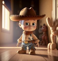 an animated character with a cowboy hat standing next to a stuffed animal and toy rabbit