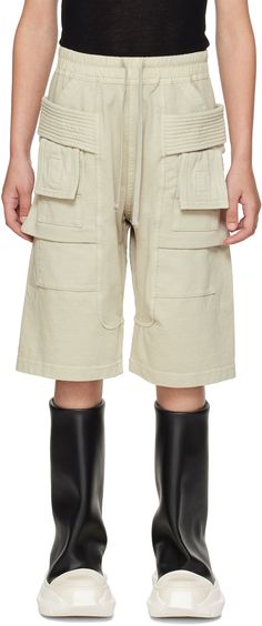 Garment-dyed GOTS-certified organic cotton jersey cargo shorts. · Drawstring at elasticized waistband · Four-pocket styling · Eyelets at flap pockets · Locker loop at outseam · Hand-wash Supplier color: Pearl Model measures 53.5” / 135.9 cm tall and wears size 10Y. Rick Owens Size: child's height 4Y: 40.9 / 104 cm 6Y: 45.7 / 116 cm 8Y: 50.4 / 128 cm 10Y: 55.1 / 140 cm 12Y: 59.8-60.6 / 152-154 cm Rick Owens, Cargo Shorts, Fashion Item, Short Pants, Mens Shorts, Apparel Accessories, Clothing Brand, Organic Cotton, Hand Wash