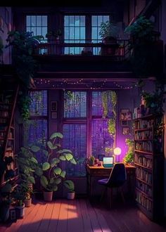 a room filled with lots of plants next to a window covered in purple lights and bookshelves