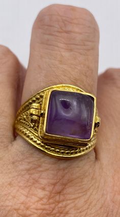 Vintage Purple Amethyst Brass Poison Pillbox Ring Antique Brass Signet Ring Gift, Gold Cabochon Signet Ring Gift, Gold Signet Ring With Cabochon Gift, Gold Signet Ring With Gemstone As Gift, Collectible Gold Jewelry With Stone Setting, Vintage Gold Amethyst Ring Gift, Gold Amethyst Ring Spiritual Gift, Gold Amethyst Ring With Spiritual Style, Gold Amethyst Ring Spiritual Style