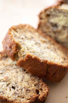 two slices of banana bread sitting on top of a cutting board