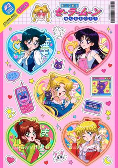 the sailor girl sticker sheet is shown in various colors and shapes, including hearts