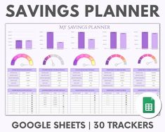 the google sheets for savings planner is shown in purple and white with text that reads, saving