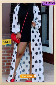 Casual Dot Split Joint Outerwear Casual Polka Dot Outerwear For Spring, White Fitted Outerwear For Vacation, Fitted White Outerwear For Vacation, Chiffon Cardigan, Maxi Cardigan, Color Pick, Lantern Sleeves, Kimono Top, Length Sleeve