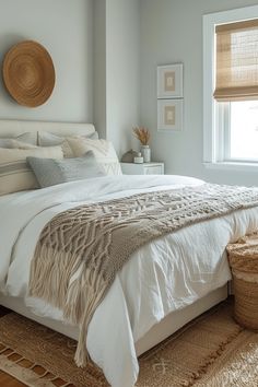 a bed with white linens and pillows in a bedroom next to a basket on the floor