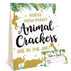 an animal crackers card with the words guess how many animal crackers are in the jar?