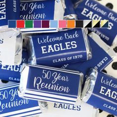 some blue and white candy bar wrappers with the words welcome back eagles on them