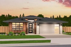 this is an artist's rendering of a modern home in the evening time,