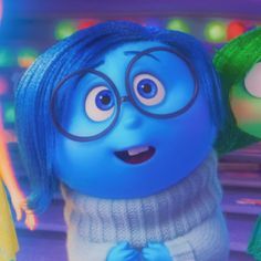 the smurfs are wearing glasses and standing next to each other in front of colorful lights