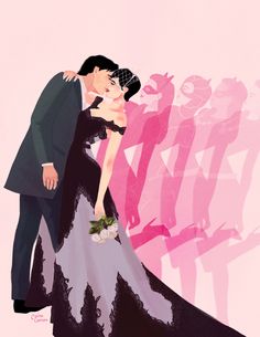 a man and woman are kissing in front of a pink background