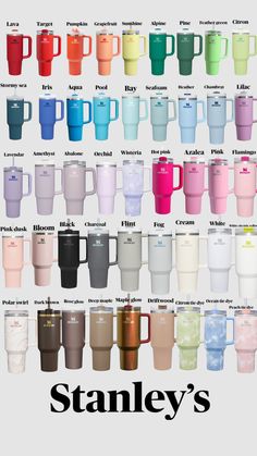 many different colored coffee mugs with the names stanley's