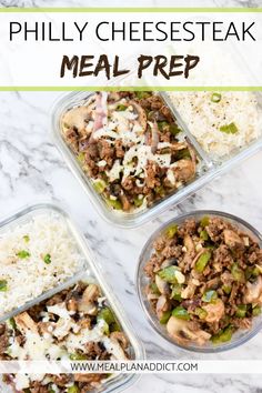 three glass containers filled with meat and rice on top of a white marble countertop