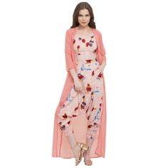 It's a stylish floral print designer Indian crop top with dhoti pants and a long jacket set. Fabric: Top And Dhoti Pants: Crepe, Jacket: Georgette Sizes: To Fit Bust (in inches): Small (31.5inches), Medium (33.5inches), Large (35inches) Waist (in inches): Small (28), Medium (30), Large (32) Occasion: Casual Wash Care: Hand Wash Style: Indo Western Dress, Crop Top With Dhoti Pants And Shrug/Long Jacket Pattern: Printed Dispatch Within 7 days. Summer Floral Print Palazzo Set For Parties, Summer Party Palazzo Set With Floral Print, Front Open Palazzo Set For Eid, Pink Long Sleeve Palazzo Set For Spring, Festive Bollywood Pant Set With Floral Print, Bollywood Style Festive Floral Print Pant Set, Spring Pink Long Sleeve Palazzo Set, Bollywood Style Festive Floral Pant Set, Floor-length Palazzo Set For Spring Parties