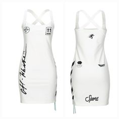 Nwt Sexy Sport Dress By Off-White. Sold Out Everywhere. Solid Ivory Color With Black Signature Logo, Sleevless, Round Collar, Criss-Cross Back. No Pockets, Unlined, Stretch. Length From Back To Bottom Of The Dress: 34". Size Us 8. Fits Like A Medium. Made In Italy. Sleeveless White Fitted Bodycon Dress, White Fitted Bodycon Dress For Summer, Chic Sleeveless White Bodycon Dress, White Sleeveless Bodycon Dress For Spring, Tiered Ruffle Mini Dress, Png Clothes, White Sweater Dress, Blazer Mini Dress, Denim Jacket With Dress