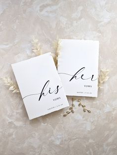 two white cards with the words his and hers written on them next to each other