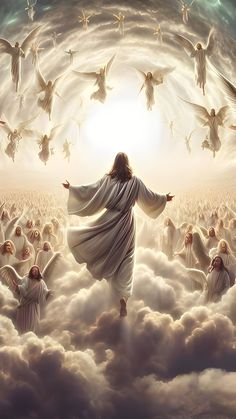 an image of jesus surrounded by angels in the clouds with his arms outstretched and hands out