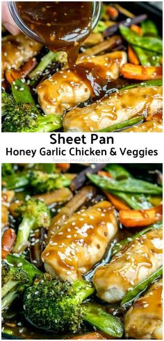 chicken and veggies are being cooked in the pan with honey garlic sauce on top