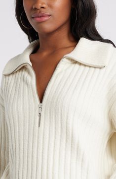 A roomy fit and a ribbed texture add comfy style points to an endlessly wearable sweater knit from a cotton-forward blend. Half-zip closure Spread collar Long sleeves Ribbed cuffs and hem 55% cotton, 43% recycled polyester, 2% spandex Machine wash, dry flat Imported Not available for sale and shipment to Germany White Half-zip Top With Ribbed Collar, White Half-zip Sweater With Ribbed Cuffs, Stretch Half-zip Top With Ribbed Cuffs, Cotton Half-zip Outerwear With Ribbed Collar, Cotton Half-zip Sweater With Ribbed Cuffs, Comfy Fashion, Ribbed Sweater, Half Zip, Quarter Zip