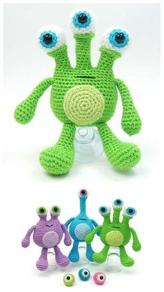 crocheted stuffed animals are shown in different colors and sizes, including one with eyes